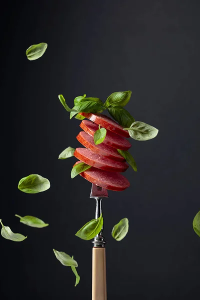 Sliced Smoked Sausage Green Basil Leaves Fork — Stock Photo, Image