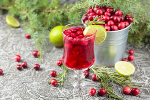Glass Cranberry Drink Berries Lime Rosemary Copy Space — Stock Photo, Image