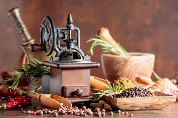Old Pepper Mill Kitchen Utensils Spices Rosemary Wooden Table — Stock Photo, Image