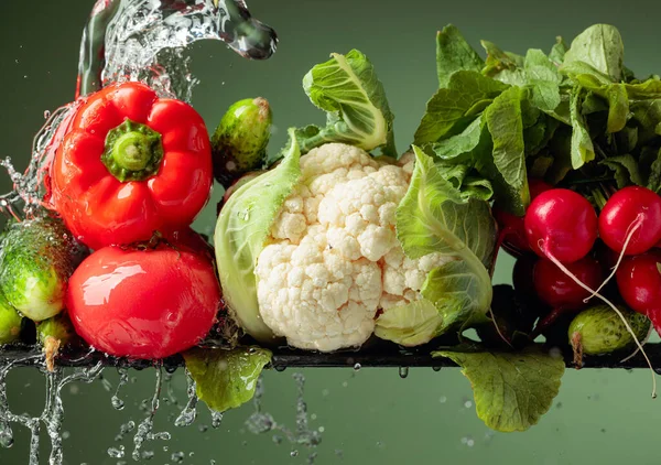 Verschiedenes Rohes Gemüse Mit Wasserspritzern Blumenkohl Tomaten Gurken Rettich Und — Stockfoto