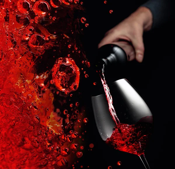 Pouring Red Wine Glass Goblet Black Background Copy Space — Stock Photo, Image