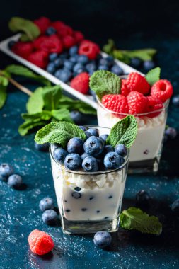 Kremalı, ahududulu ve naneli yaban mersinli krema.. 