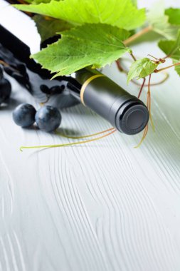 Açılmamış kırmızı şarap şişesi, sarmaşık dalı ve beyaz ahşap bir masada olgun üzümler. Boşluğu kopyala.