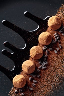 Çikolatalı trüf mantarı, siyah tabakta, çikolata soslu. Tatlılar kakao tozu serpiştirilir. Üst görünüm. 