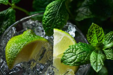 Limonlu, buzlu ve naneli olsun. Seçici odak .