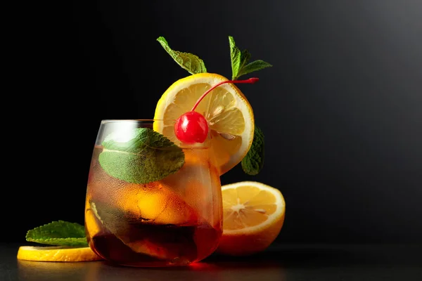 Cold Refreshing Summer Cocktail Cuba Libre Lemon Slices Cherry Mint — Stock Photo, Image