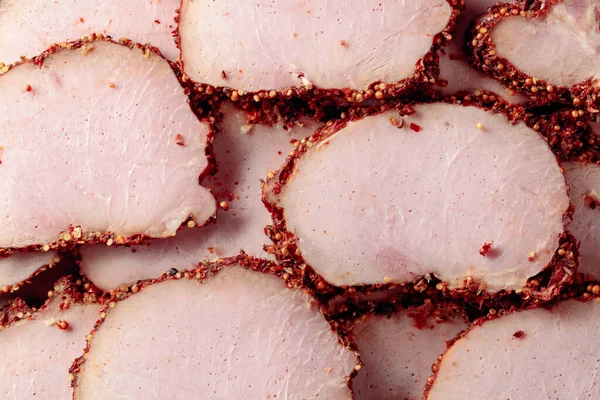 Slices Spicy Smoked Ham Top View — Stock Photo, Image