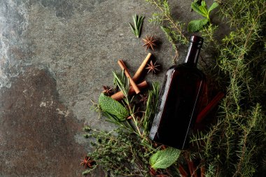 Balsam ya da bitkisel tentürle birlikte eski bir şişe. Üst görünüm.