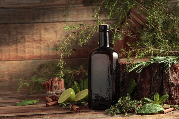 Vintage Bottle Gin Various Ingredients Old Wooden Table — Stock Photo, Image