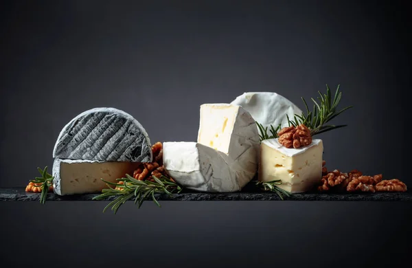 Various Soft Cheeses Walnuts Rosemary Copy Space — Stock Photo, Image