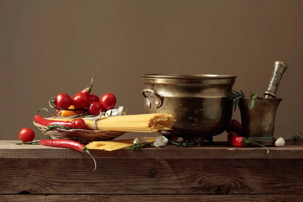 Pasta Ingredients Old Wooden Table Brown Bacground Copy Space — Stock Photo, Image