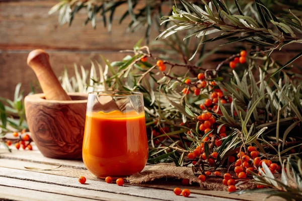 Glass Sea Buckthorn Juice Fresh Berries Old Wooden Table Healthy — Stock Photo, Image