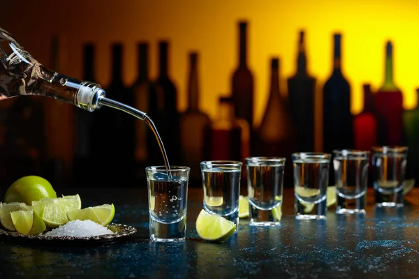 Shots Tequila Salt Lime Slices — Stock Photo, Image