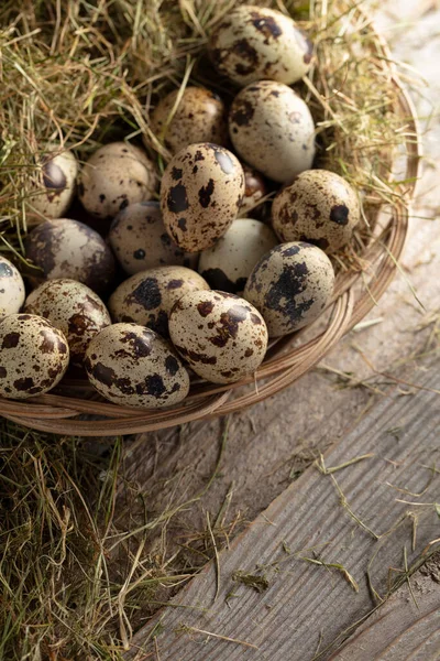 Quail Eggs Old Wooden Background Hay Healthy Organic Food — Stock Photo, Image