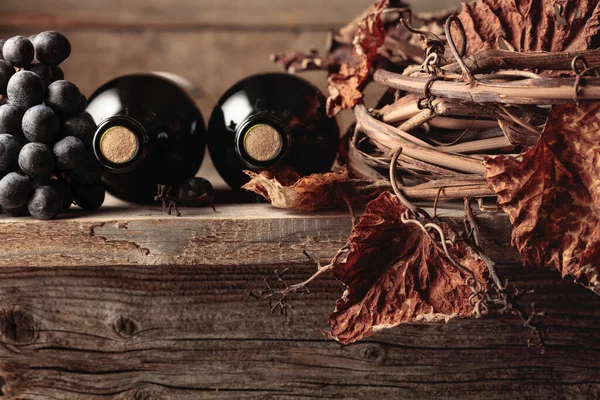 Garrafas Vinho Tinto Com Uvas Videira Seca Uma Velha Mesa — Fotografia de Stock