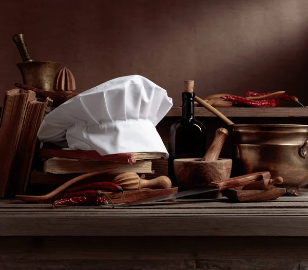 Chef Hat Vintage Cookbooks Old Kitchen Utensils Wooden Table Conceptual — Stock Photo, Image