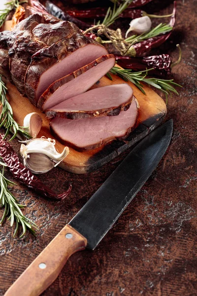 Smoked Ham Rosemary Garlic Pepper Kitchen Table — Stock Photo, Image