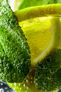 Karbonatlı içecek veya nane ve limon dilimli kokteyl..