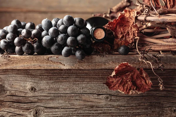 Bottle Red Wine Grapes Dried Vine Old Wooden Table Copy — Stock Photo, Image