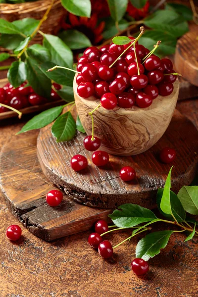 Ripe Red Cherries Wooden Dish Brown Table — Stock Photo, Image