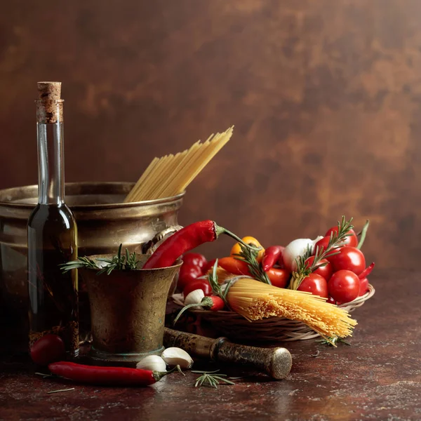 Pasta Ingredients Old Kitchen Utensils Copy Space — Stock Photo, Image
