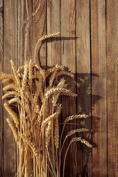 Wheat Rustic Wooden Background Sunset Light Overhead View Greeting Card — Stock Photo, Image