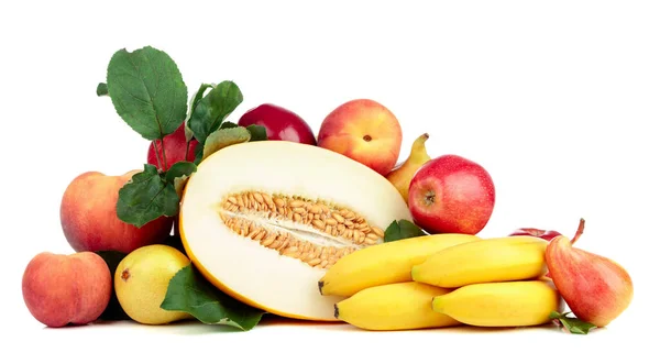 Frutas Frescas Aisladas Sobre Fondo Blanco Presentan Manzanas Plátanos Melón —  Fotos de Stock