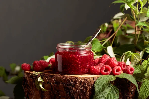 Selai Selai Raspberry Dan Buah Beri Segar Dengan Daun Tunggul — Stok Foto
