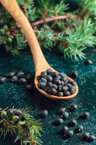 Wooden Spoon Seeds Juniper Old Dark Blue Table — Stock Photo, Image