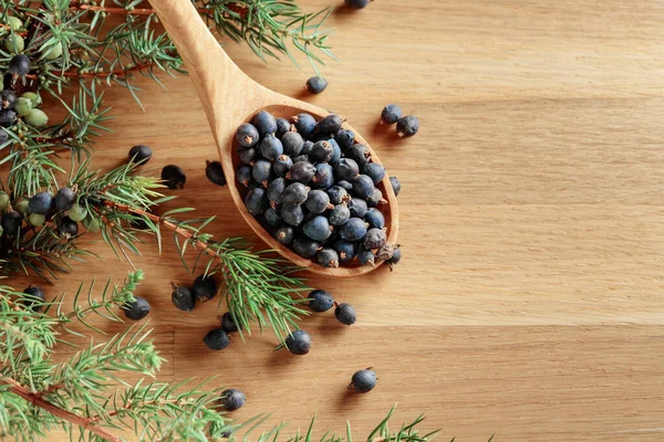 Cucchiaio Legno Con Semi Ginepro Vecchio Tavolo Legno Copia Spazio — Foto Stock