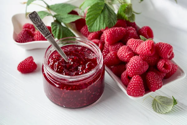 Jar Raspberry Jam Fresh Berries Leaves White Wooden Table — Stock Photo, Image