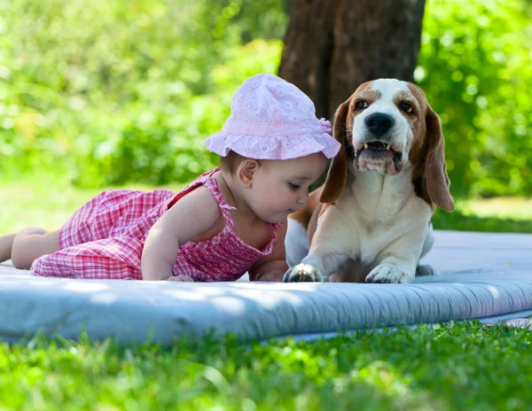 Küçük kız köpekle oynar — Stok fotoğraf