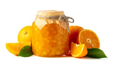 Orange jam in jar and fresh fruits isolated on a white background.