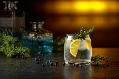 Buzlu ve limonlu kokteyl cini ve tonik, ardıç dalıyla süslenmiş. Sarı arka ışık. Boşluğu kopyala.