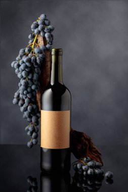 Kırmızı şarap, yıpranmış bir engel ve siyah yansıtıcı arka planda mavi üzümler. Eski boş bir şişede. Boşluğu kopyala.