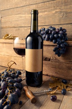 Eski ahşap bir masada bir şişe kırmızı şarap ve mavi üzüm. Eski boş bir şişede. Boşluğu kopyala.