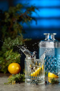 Ardıç dalları ve taş bir masada limon dilimleri olan cin ve tonik kokteyli. Limon dilimi bardağa dökülüp kokteyl ile güzel su sıçratıyor. Mavi arka ışık.