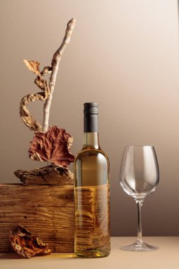 Bir şişe beyaz şarap, eski bir ahşap kompozisyonu, kuru pürüzler ve kurumuş asma yaprakları. Ürün markalaşması, kimlik ve ambalaj için tarafsız bej arka plan. Boşluğu kopyala, ön görünüm.
