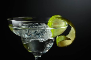 Buzlu soğuk martini ve limon kabuğu. Boşluğu kopyala.