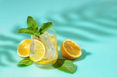 Buzlu, limonlu ve naneli yaz içeceği. Soğuk, gevrek ve yeşil bir arka planda palmiye gölgeleri tarafından öpülmüş. Boşluğu kopyala.