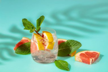 Buzlu, limonlu ve naneli yaz içeceği. Soğuk, gevrek ve yeşil bir arka planda palmiye gölgeleri tarafından öpülmüş. Boşluğu kopyala.