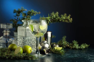 Buzlu ve limonlu cin tonik. Malzemeli cin tonik ve koyu mavi arka planda ardıç dalları. Boşluğu kopyala.