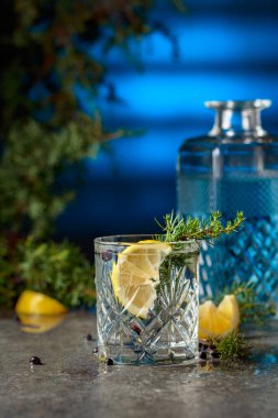Ardıç dalları ve taş bir masada limon dilimleri olan cin ve tonik kokteyli. Mavi arka ışık.
