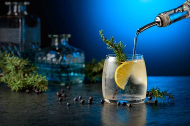 Kokteyl cini ve tonik, ardıç dalları ve siyah bir masada limon dilimleri. Cin şişeden buz ve limon dilimli bardağa dökülür. Mavi arka ışık.