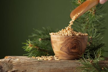 Çam fıstıkları ahşap bir kaseye dökülür. Soyulmuş çam fıstığı ve sedir dalı eski bir ahşap masada. Boşluğu kopyala.