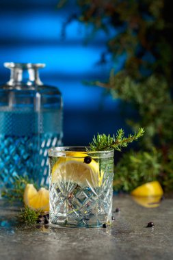 Ardıç dalları ve taş bir masada limon dilimleri olan cin ve tonik kokteyli. Mavi arka ışık.