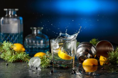 Siyah taş bir masanın üzerinde ardıç dallarıyla cin ve tonik kokteyli. Limon dilimi bardağa dökülüp kokteyl ile güzel su sıçratıyor. Mavi arka ışık.