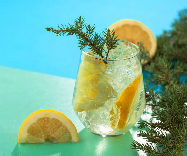 Ezilmiş buz ve limon dilimli cin tonik kokteyli. Yeşil-mavi arka planda ardıç dalları ile yaz ferahlatıcı içecek. Boşluğu kopyala.