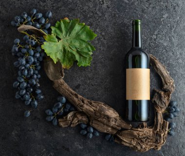 Bir şişe kırmızı şarap, mavi üzüm ve siyah taşlı arka planda eski asma parçaları. Eski boş bir şişede. Üst Manzara. Boşluğu kopyala.