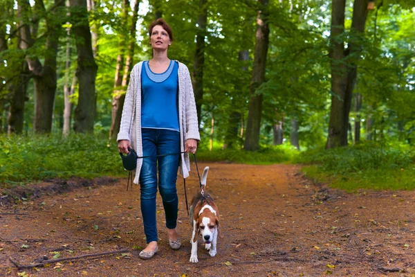 Frau mit Beagle spaziert im Park — Stockfoto